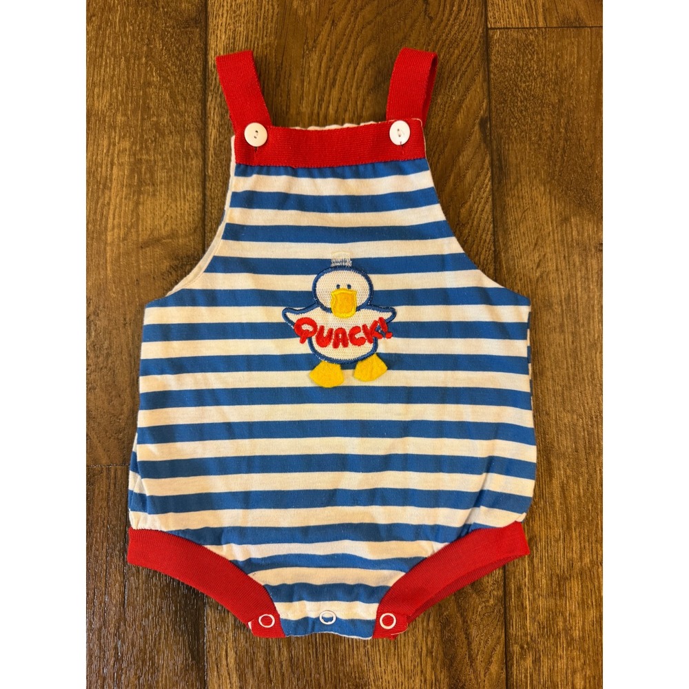 VTG 70s 80s Tiny Town Nautical Stripe Duck Baby Bubble Romper Sunsuit 12M Taiwan